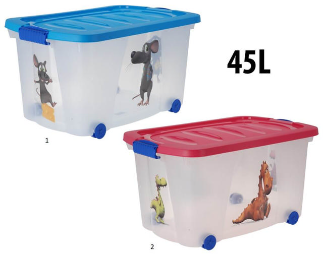 STORAGE BOX WITH LID AND WHEELS 45L 2 ASSORTED COLOURS