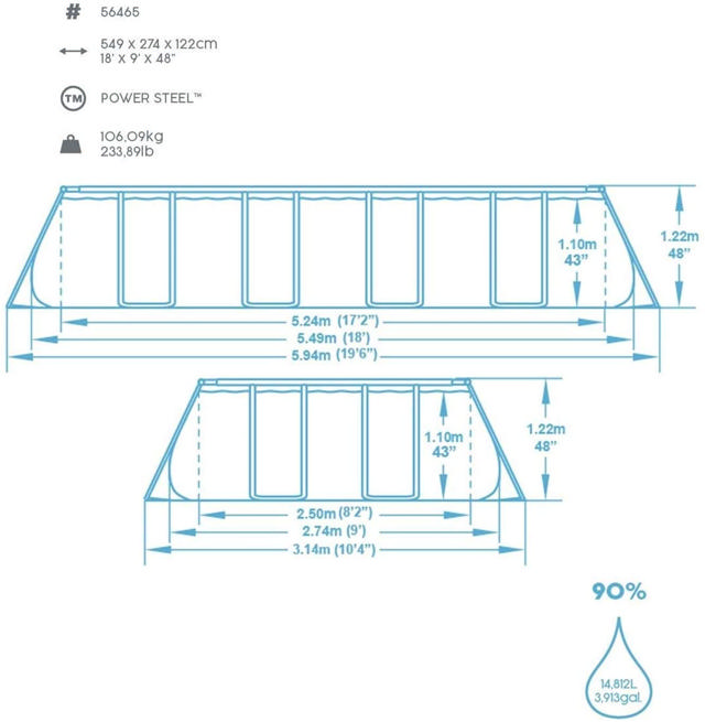 BESTWAY 56465 POWER STEEL ΣΕΤ ΠΙΣΙΝΑΣ ΟΡΘΟΓΩΝΙΟ ΜΕ ΠΛΑΙΣΙΟ 549CM X 274CM X 122CM