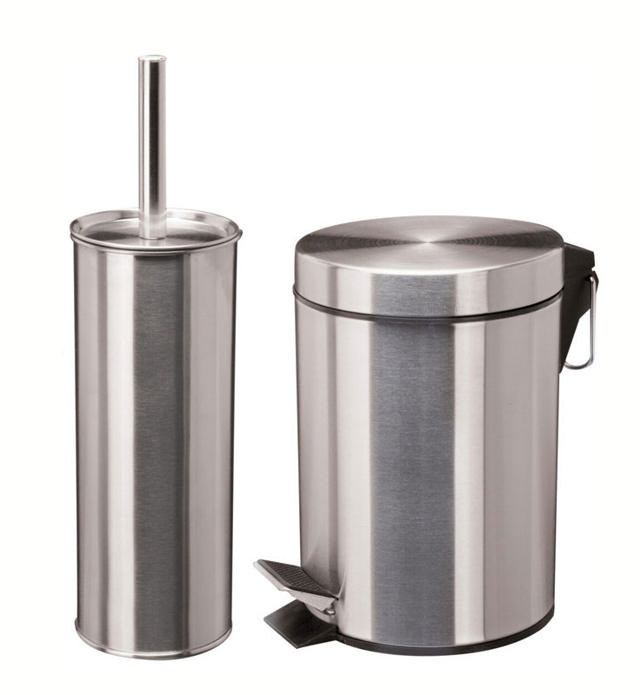 BATHROOM STAINLESS STEEL TOILET BRUSH AND PEDAL BIN SET 2PCS