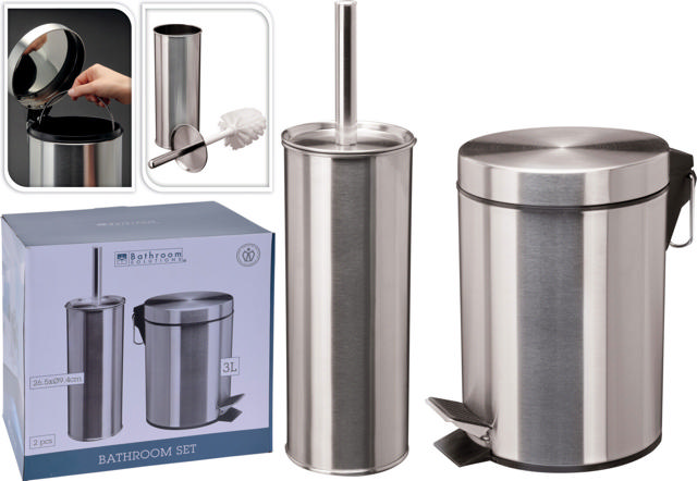 BATHROOM STAINLESS STEEL TOILET BRUSH AND PEDAL BIN SET 2PCS