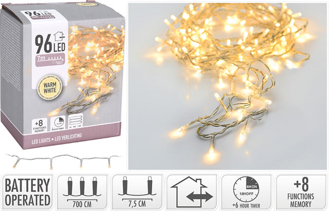 XMAS LED LIGHTS 96 WARM WHITE BATTERY OPERATED TRANSPARENT