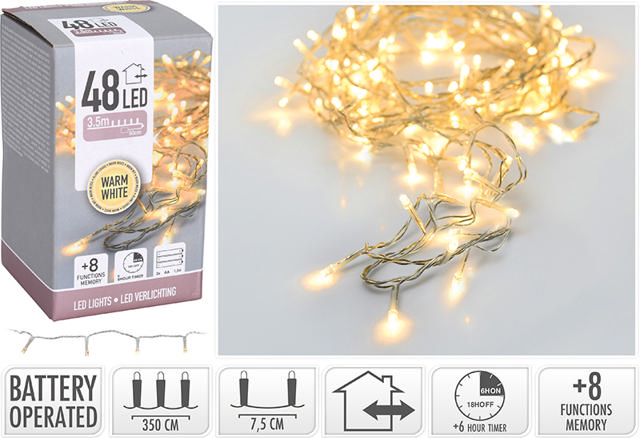 XMAS LED LIGHTS 48 WARM WHITE BATTERY OPERATED TRANSPARENT