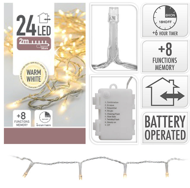 XMAS LED LIGHTS 24 WARM WHITE IP44 BATTERY OPERATED TRANSPARENT