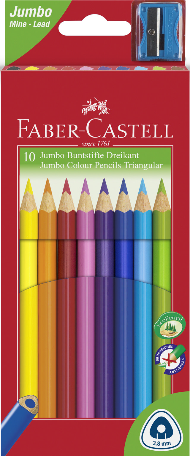 FABER CASTELL 116510 TRIANGULAR JUMBO COLOUR PENCILS & SHARPENERS 10PCS