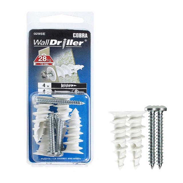 COBRA 029SE WALLDRILLER NYLON 4MM WHITE #8L (+ SCREWS) 4PCS