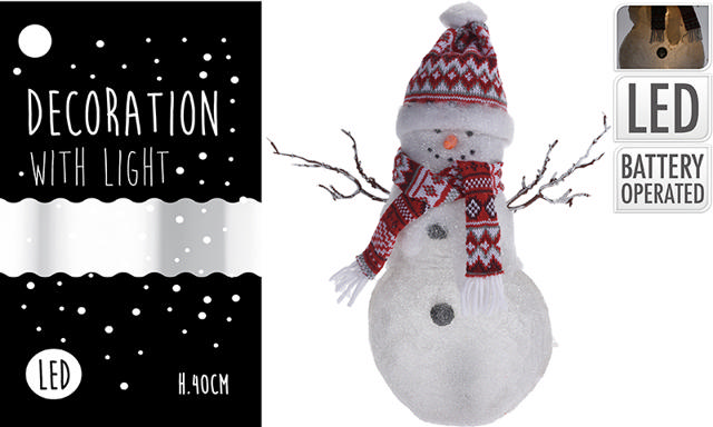 SNOWMAN RED SCARF HAT LED 40CM