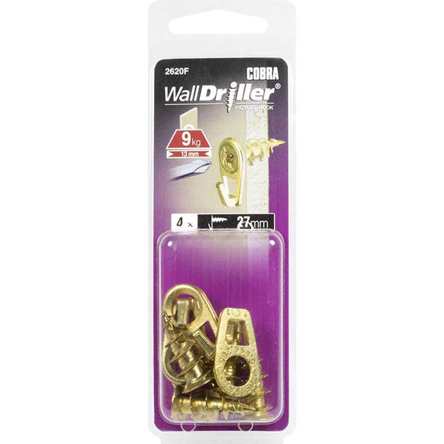 COBRA 2620F WALLDRILLER ZINC PICTURE HOOK SMALL BRASS  27MM 4PCS