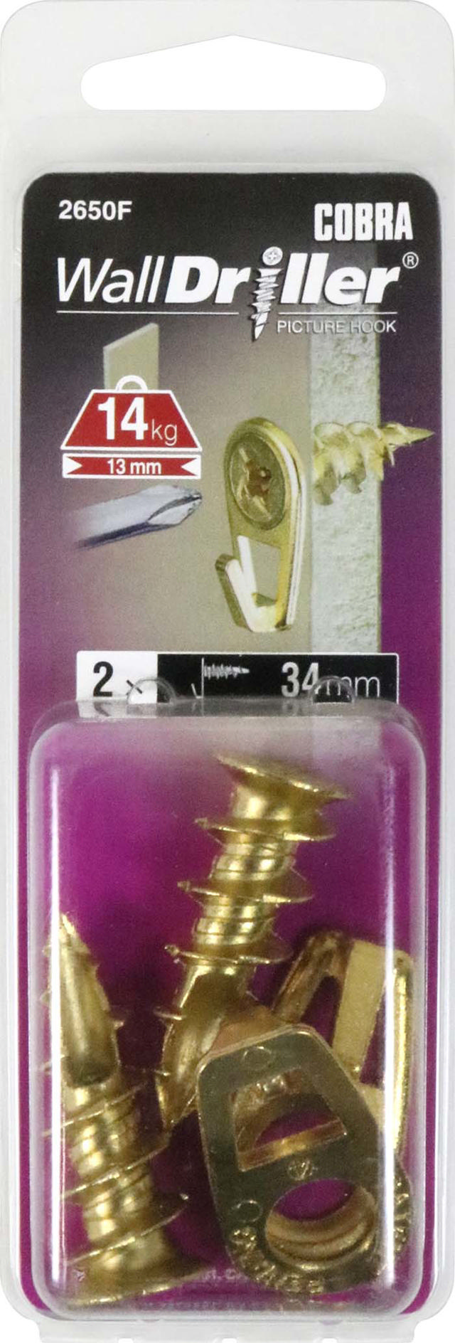 COBRA 2650F WALLDRILLER ZINC PICTURE HOOK LARGE BRASS 34ΜΜ 2PCS