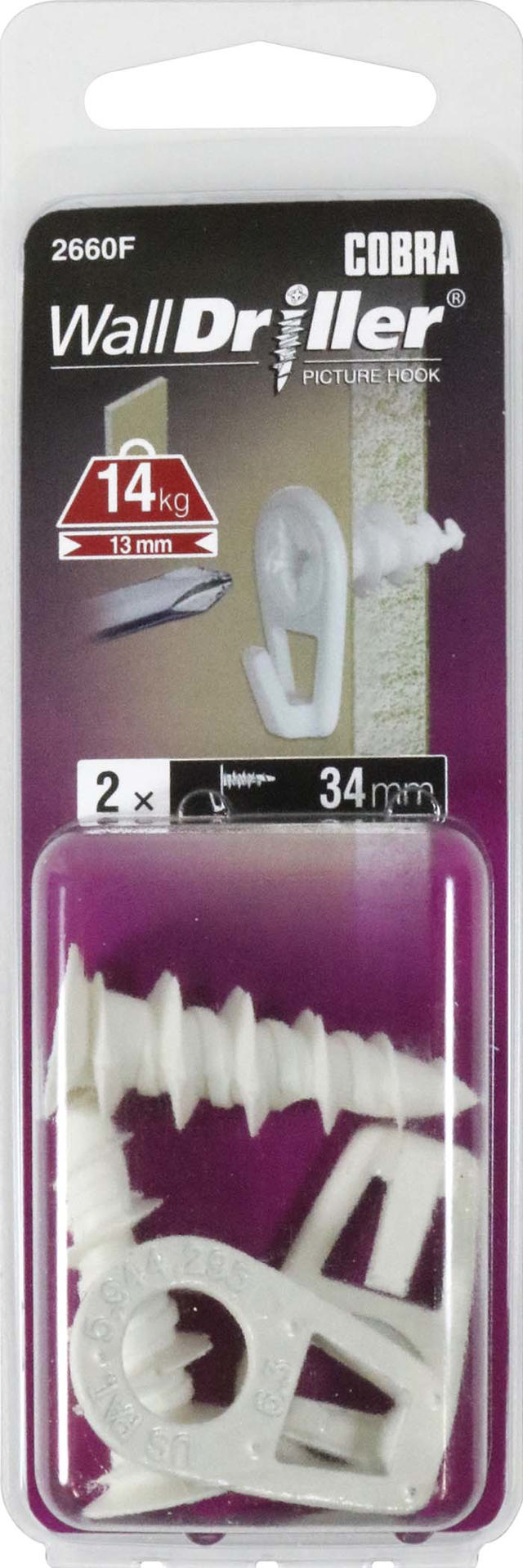 COBRA 2660F WALLDRILLER NYLON PICTURE HOOK LARGE WHITE 34MM 2PCS