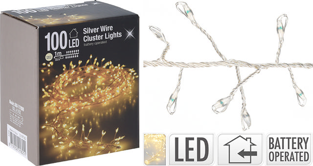 LED LIGHT SILVER WIRE 100 WARM WHITE CLUSTER