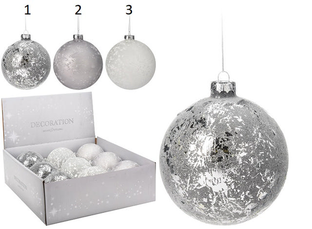 XMAS BALL 100MM SILVER WHITE 3 ASSORTED DESIGNS