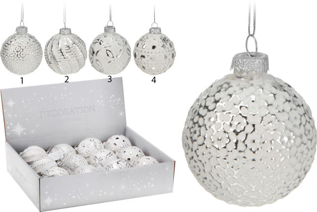 XMAS BALL 6CM GLASS WHITE SILVER 4 DIFFERENT DESIGNS