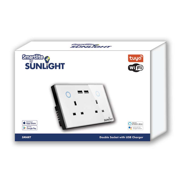 SUNLIGHT SMART 2 GANG DOUBLE SOCKET WITH USB CHARGER 13AMP (4A USB) WIFI TUYA APP