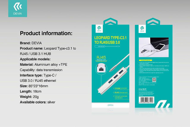 DEVIA LEOPARD ΠΡΟΣΑΡΜΟΓΕΑΣ TYPE-C3.1 TO RJ45/USB 3.1 (1000MBPS)