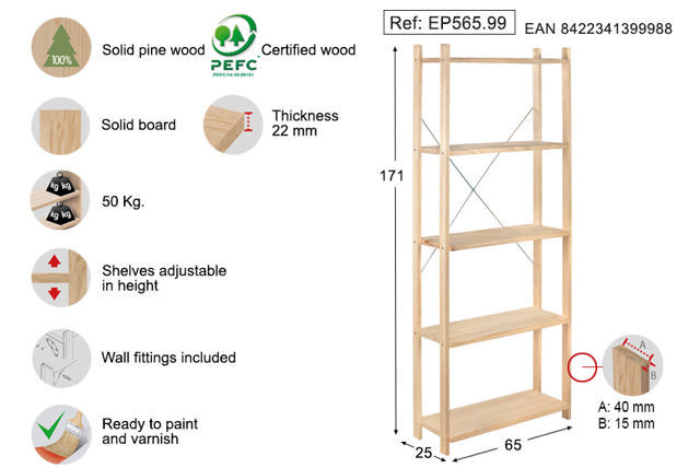 ASTIGARRAGA SOLID PINE WOOD SHELF WITH 5 SHELVES 175CM X 65CM X 25CM ADJUSTABLE HEIGHT