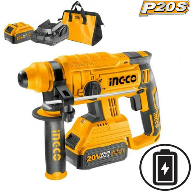  INGCO CRHLI22012 20V LI-ION ROTARY HAMMER WITH 2 4AH BATTERIES 1 CHARGER AND TOOLBAG 