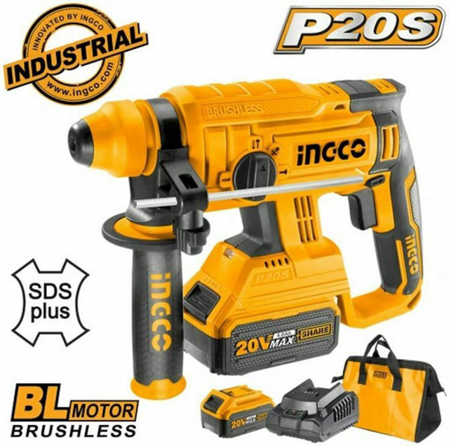  INGCO CRHLI22012 20V LI-ION ROTARY HAMMER WITH 2 4AH BATTERIES 1 CHARGER AND TOOLBAG 