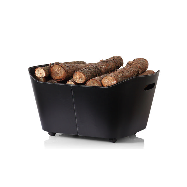 H&C BLACK LEATHERETTE WOOD BASKET WITH WHEELS 53CM X 36CM X 36CM