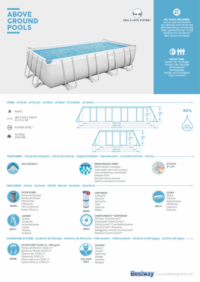 BESTWAY 56670 POWER STEEL RECTANGULAR FRAME POOL 488X244X122CM WHITE