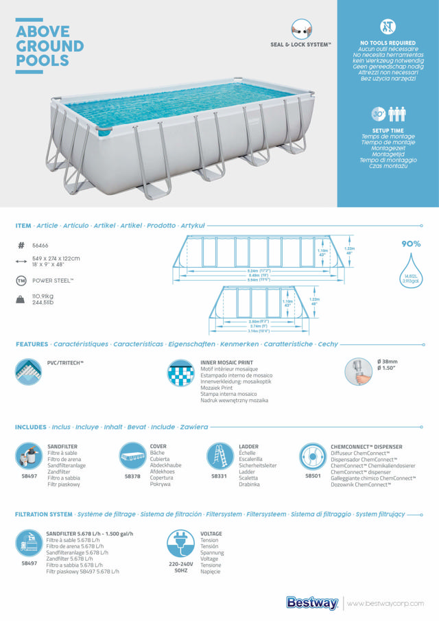 BESTWAY 56466 POWER STEEL FRAME RECTANGULAR POOL 549X274X122CM SA