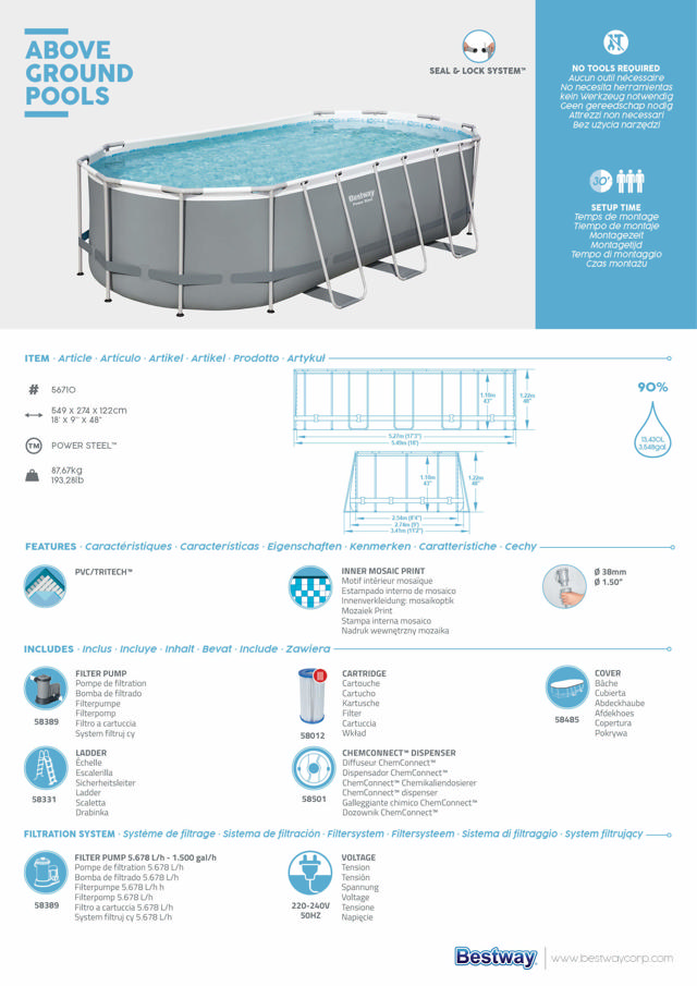 BESTWAY 56710 POWER STEEL FRAME OVAL POOL 549X274X122CM GRAY