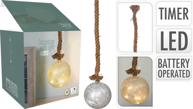 ROPE GLASS BALL 15CM 24LED WARM WHITE