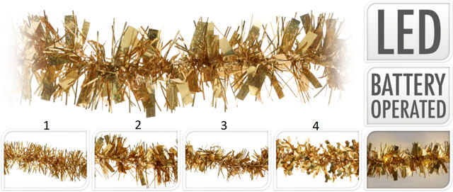 TINSEL 190CM HOLOGRAM GOLD 4 ASSORTED DESIGNS