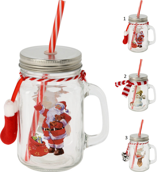 XMAS JAR WITH HANDLE 450ML 3 ASSORTED DESIGNS