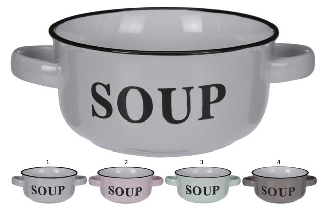 SOUP BOWL WITH HANDLES 4 ASSORTED COLORS