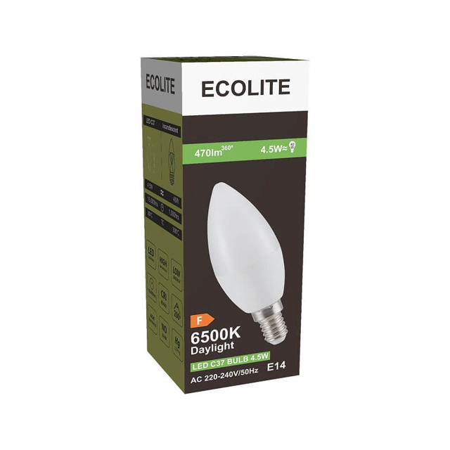 ECOLITE LED 4.5W ΛΑΜΠΤΗΡΑΣ ΚΕΡΙΟΥ E14 C37 470LM 6500K FROSTED