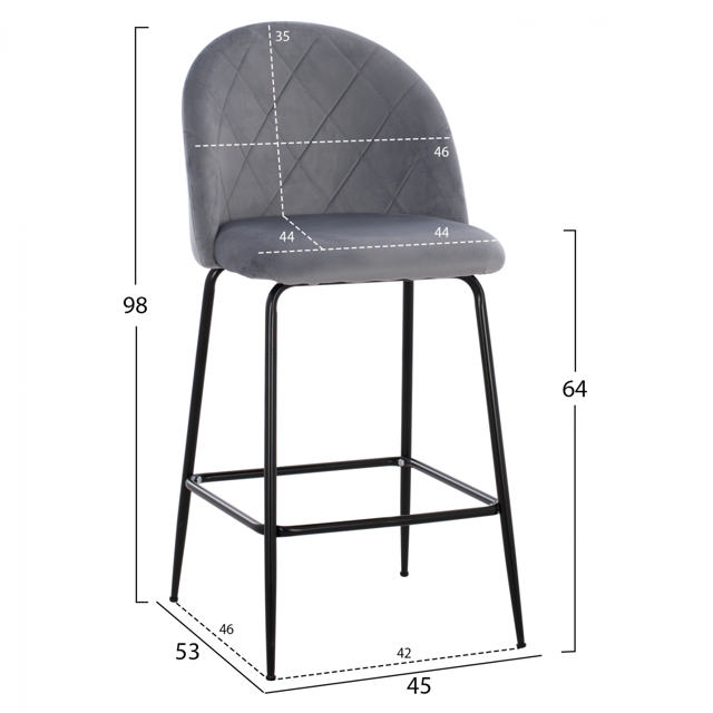 ODELL BAR STOOL VELVET GREY 45X53X98CM