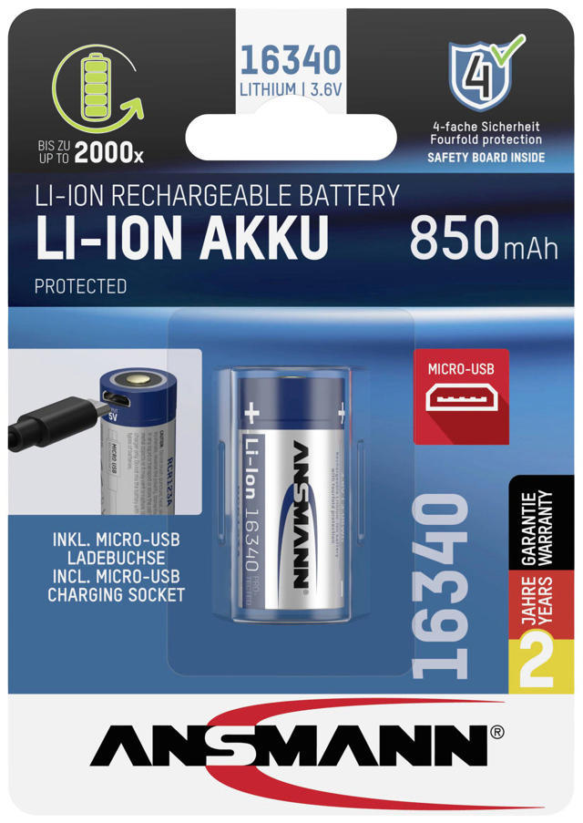 ANSMANN CR123A LI-LION RECHARGEABLE BATTERY 850MAH 3.6V