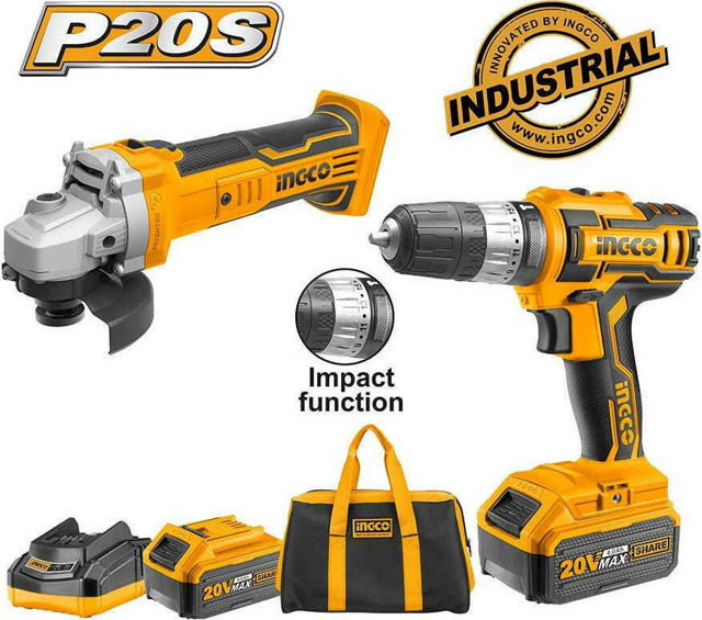 INGCO 20V LI-ION ANGLE GRINDER AND DRILL SET WITH 2 4AH BATTERIES 1 CHARGER AND TOOLBAG