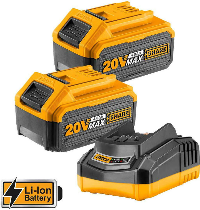 INGCO 20V LI-ION ANGLE GRINDER AND DRILL SET WITH 2 4AH BATTERIES 1 CHARGER AND TOOLBAG