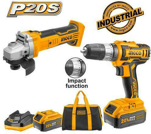 INGCO 20V LI-ION ANGLE GRINDER AND DRILL SET WITH 2 4AH BATTERIES 1 CHARGER AND TOOLBAG