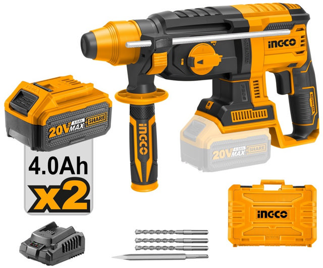 INGCO CRHLI202287 20V LI-ION BRUSHLESS ROTARY HAMMER 2.5J WITH 2 4AH BATTERIES 1 CHARGER AND TOOLKIT 