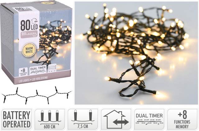 LED LIGHT 80 WARM WHITE LED 5MM BULB DUAL TIMER