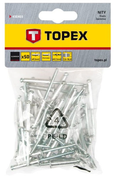 TOPEX 50PCS RIVETS 4.0 X 12.5MM 