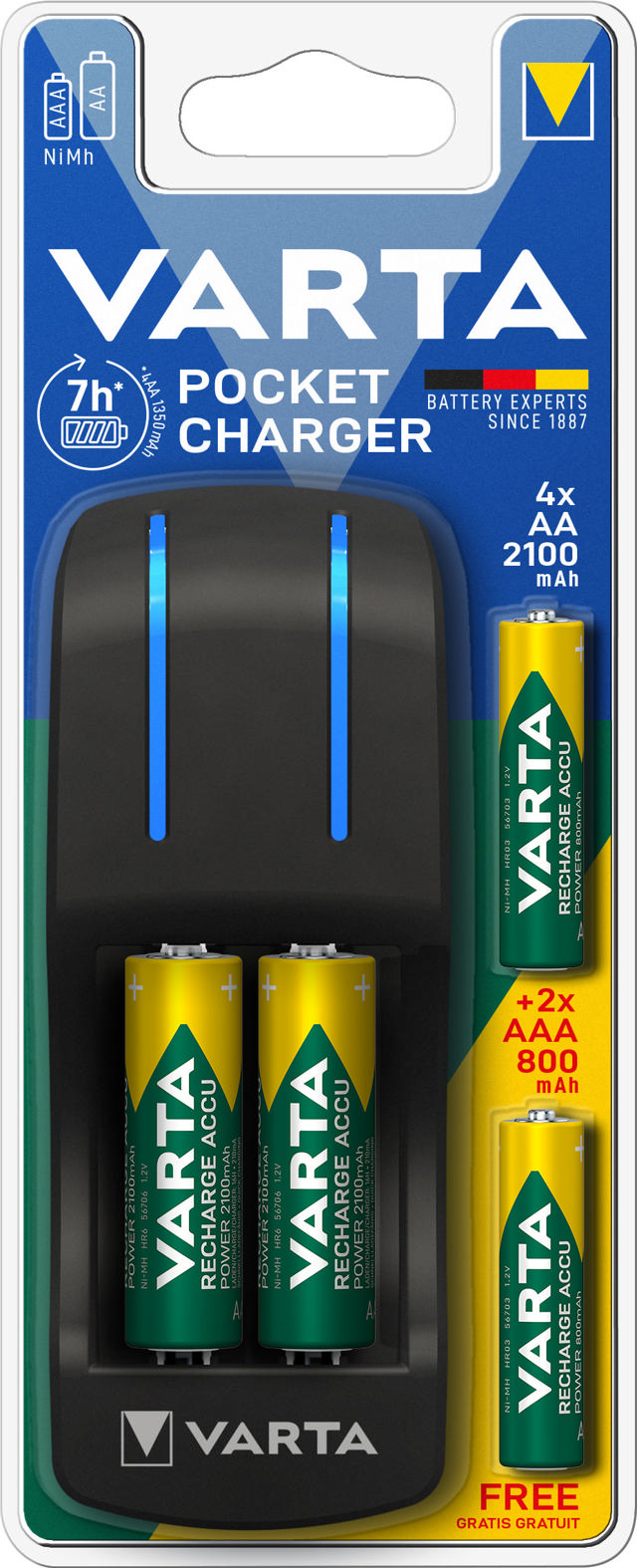 VARTA POCKET CHARGER FOR AA/AAA ACCUS (INCL. 4X AA 2100MAH + 2X AAA 800MAH RECHARGEABLE BATTERIES)