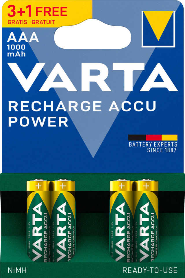 VARTA RECHARGE ACCU POWER PRE-CHARGED RECHARGEABLE BATTERIES AAA 3+1 PACK 1000MAH