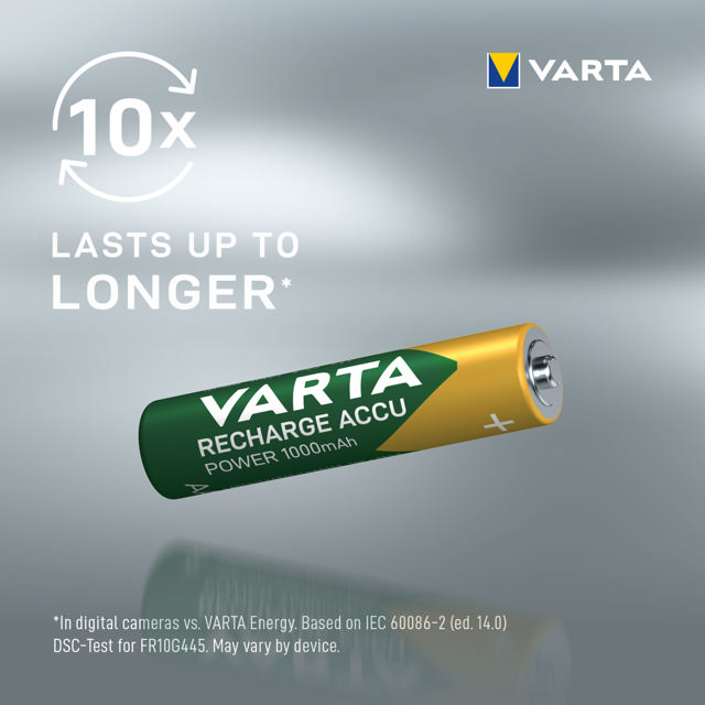 VARTA RECHARGE ACCU POWER PRE-CHARGED RECHARGEABLE BATTERIES AAA 3+1 PACK 1000MAH