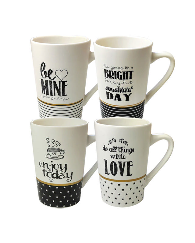 LIFESTYLE MUG BLACK/GOLD QUOTES 385ML 4 ASSORTED DESIGNS