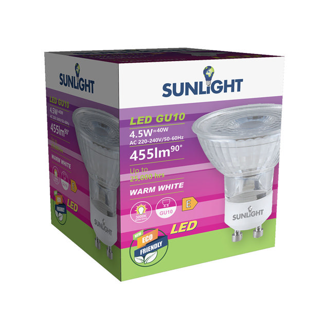 SUNLIGHT LED 4.5W LAMP GU10 GLASS 455LM 3000K 38° CLEAR