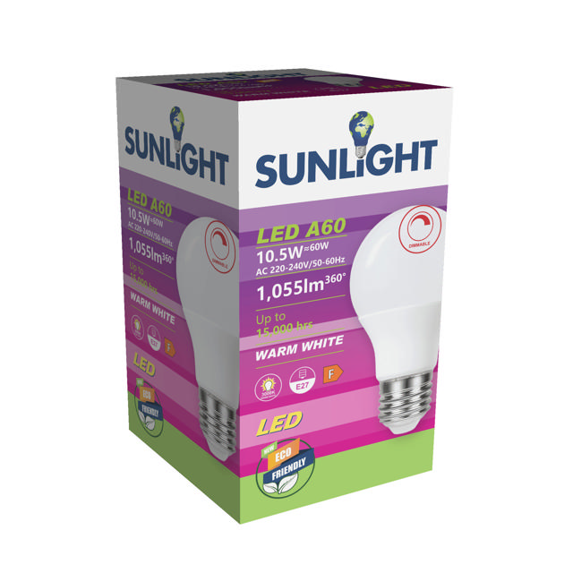 SUNLIGHT LED 10.5W A60 LAMP E27 810LM 3000K FROSTED DIMMABLE