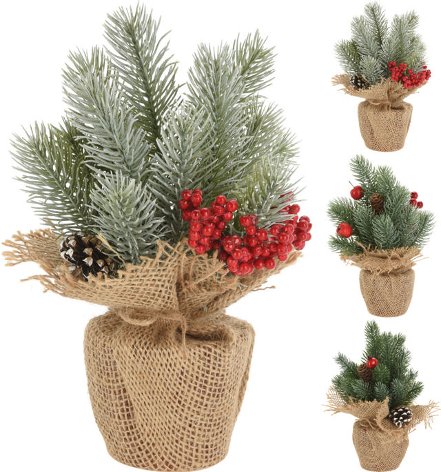 XMAS TREE IN POT WITH JUTE 25CM 3 ASSORTED DESIGNS