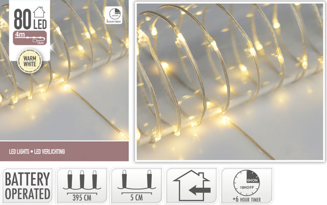 LED LIGHTS 80LED WARM WHITE WITH TIMER AND BATTERY OPERATED