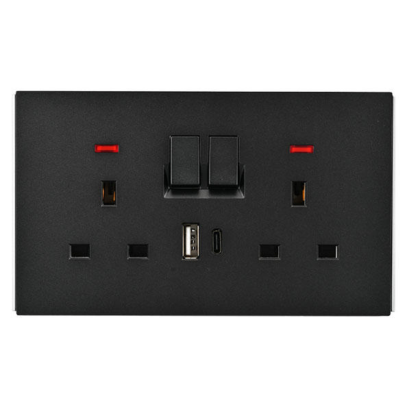 POWERLINK ACCESSORIES 13A DP BS ΔΙΠΛΗ ΠΡΙΖΑ ΜΕ ΦΩΤΙΖΟΜΕΝΟ NEON + USB A + TYPE C 5V 2100mA ΜΑΥΡΗ ΜΑΤ