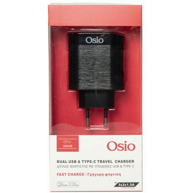 OSIO OTU-5904B ΔΙΠΛΟΣ ΦΟΡΤΙΣΤΗΣ ΚΙΝΗΤΟΥ ΜΕ USB TYPE-C ΚΑΙ USB TYPE-A - 18W