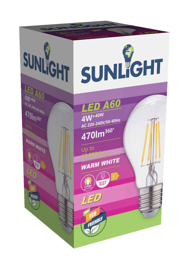 SUNLIGHT 'FILAMENT' LED 4W A60 LAMP E27 470LM 2700K CLEAR