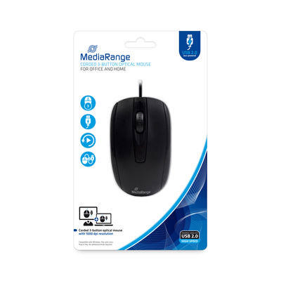 MEDIARANGE CORDED 3 BUTTON OPTICAL MOUSE BLACK